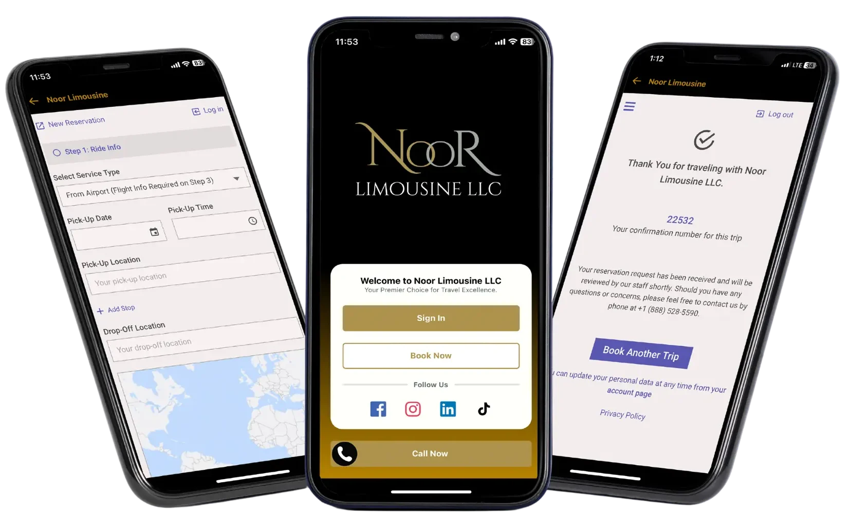 Mobile app interface for Noor Limousine LLC showing booking options, welcome screen, and trip confirmation.