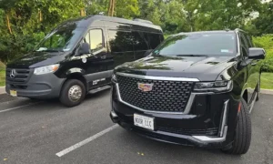 Luxury fleet of vehicles including a Mercedes van and Cadillac Escalade, offering premium limo services by Noor Limousine LLC.