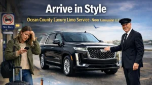 Luxury black 2025 Cadillac Escalade with professional chauffeur offering ride to woman stranded at bus stop in Ocean County, New Jersey – Noor Limousine LLC.