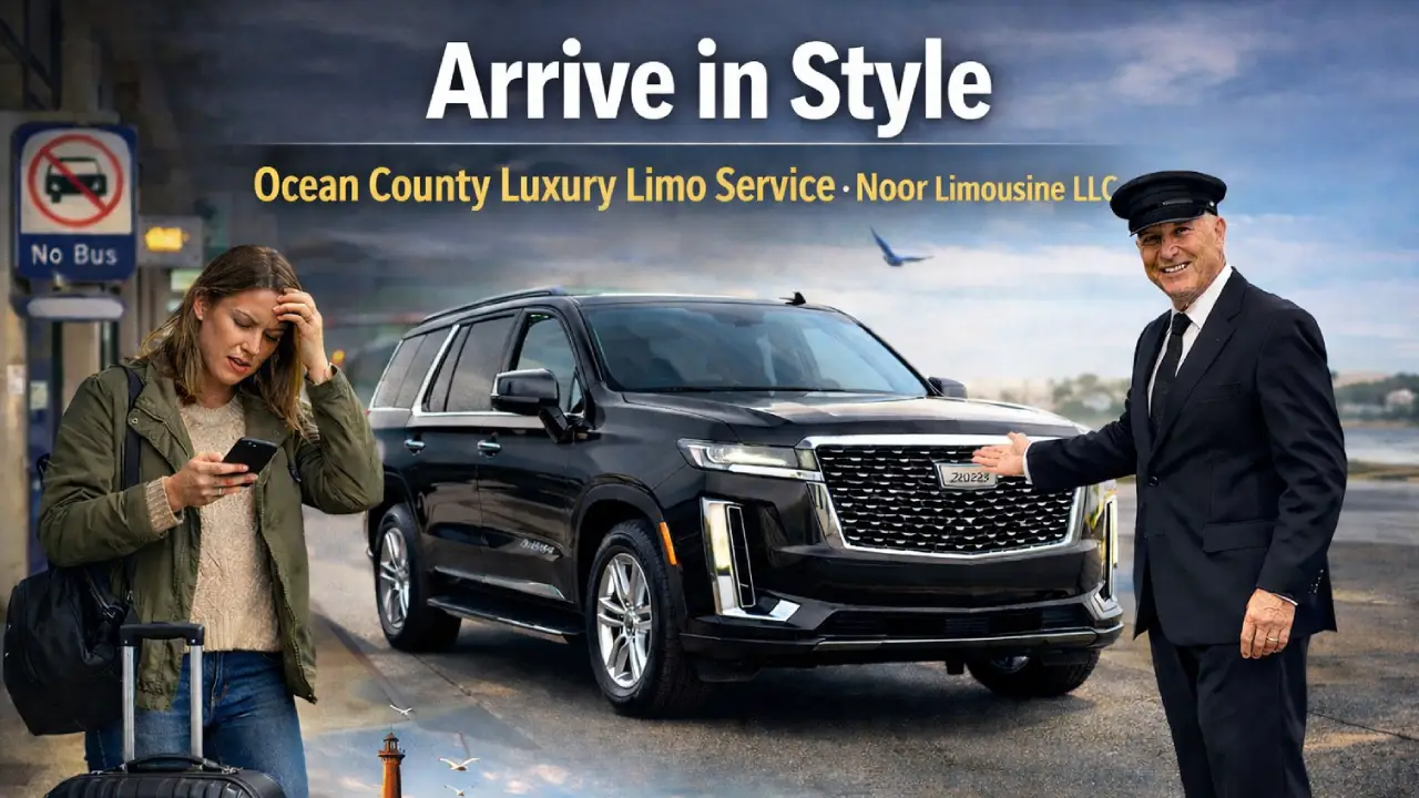 Luxury black 2025 Cadillac Escalade with professional chauffeur offering ride to woman stranded at bus stop in Ocean County, New Jersey – Noor Limousine LLC.