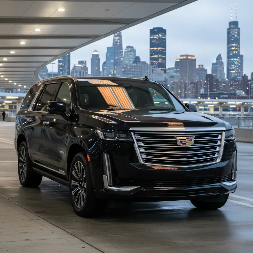 Luxury black SUV providing LaGuardia Airport limo and car service with New York City skyline