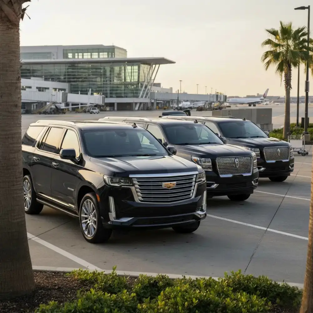 Luxury SUV limo fleet parked at Newark Airport providing EWR airport limo service
