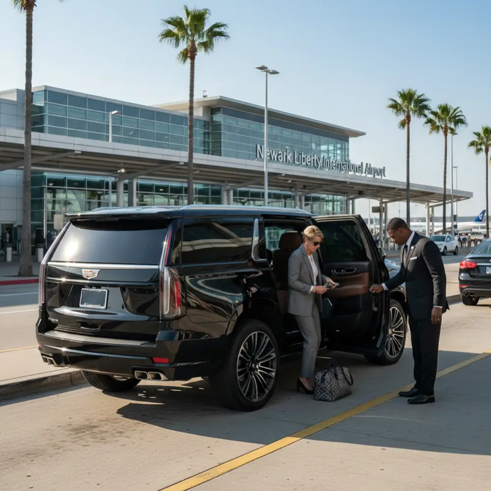 Luxury SUV limo pickup at Newark Liberty International Airport with professional chauffeur assisting passenger