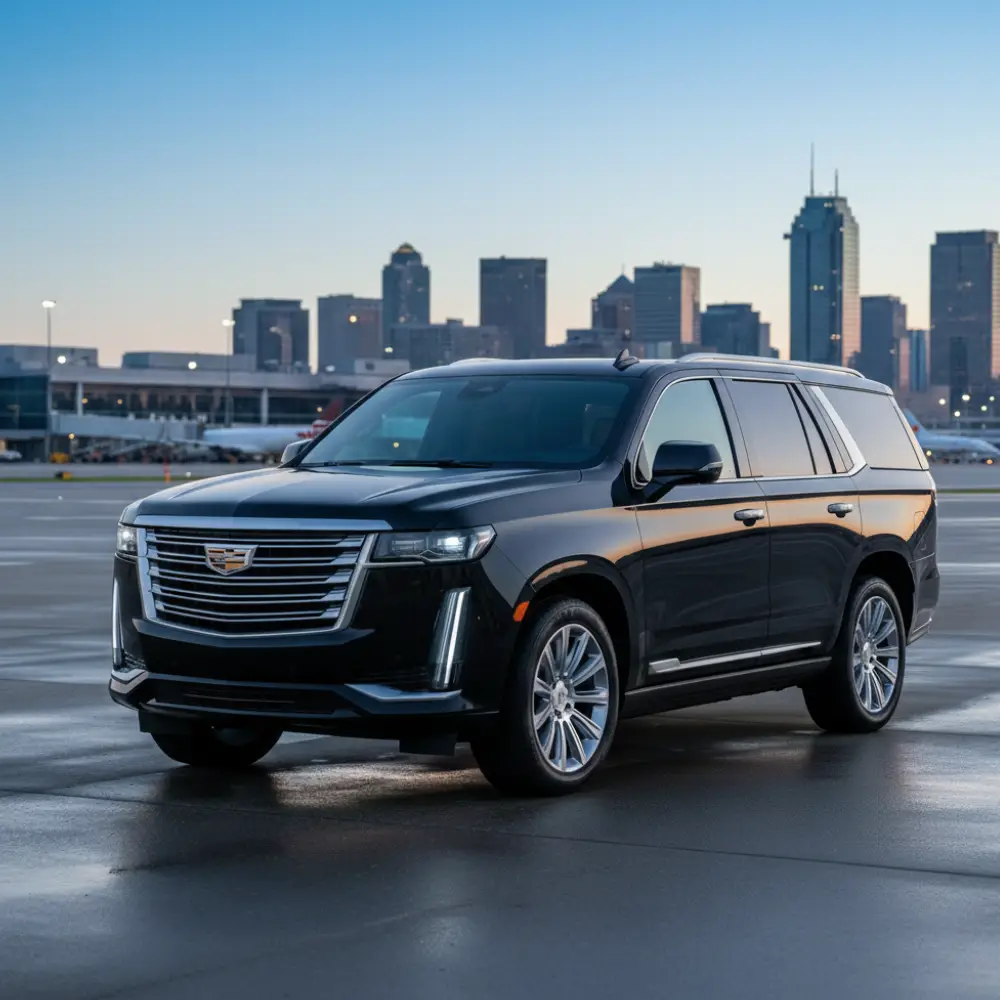 Luxury black SUV limo providing Newark Airport limo service near EWR with city skyline background