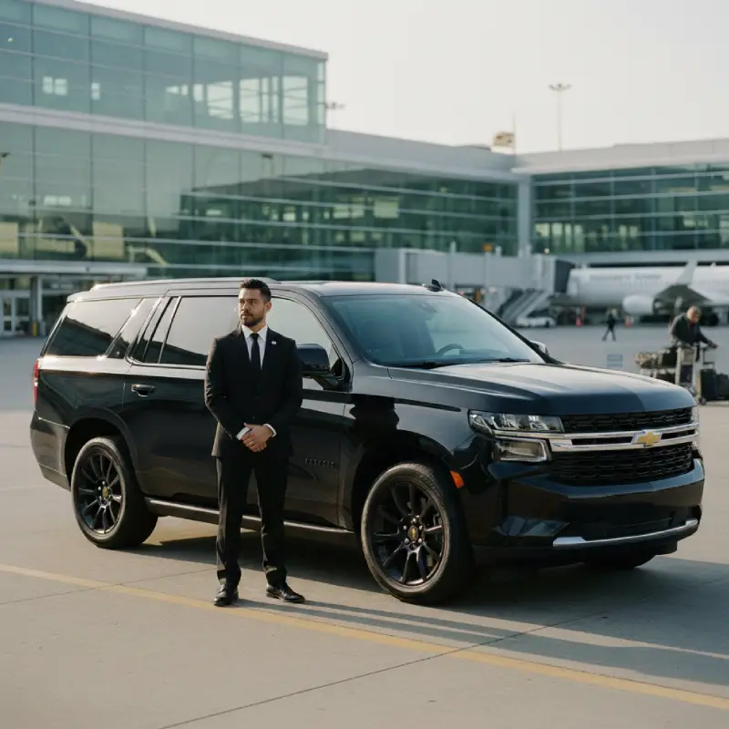Luxury black SUV limo with professional chauffeur providing Newark Airport limo service at EWR