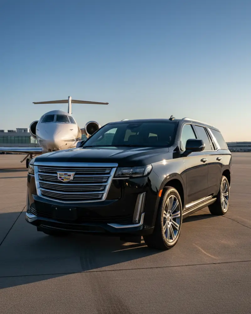 Luxury black Cadillac Escalade by Noor Limousine LLC providing private jet limo service at Teterboro Airport, New Jersey