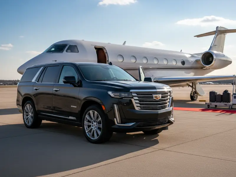 Luxury black SUV by Noor Limousine LLC providing private jet airport limo service at Teterboro Airport, New Jersey