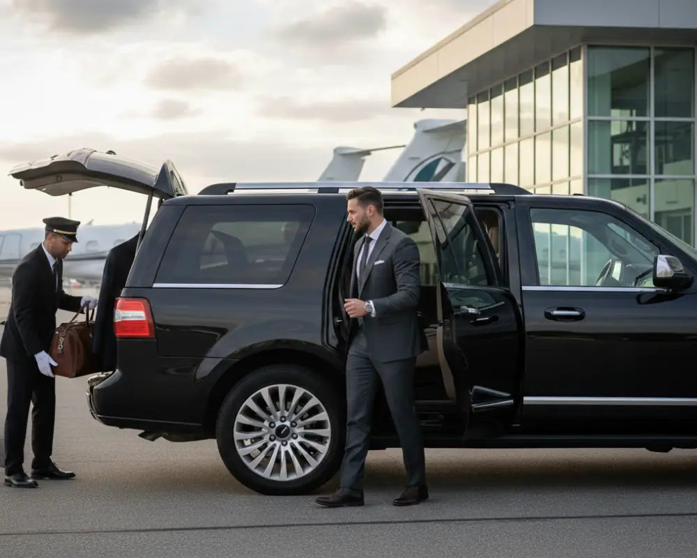 Professional chauffeur assisting passenger with luggage beside luxury black SUV by Noor Limousine LLC at New Jersey airport