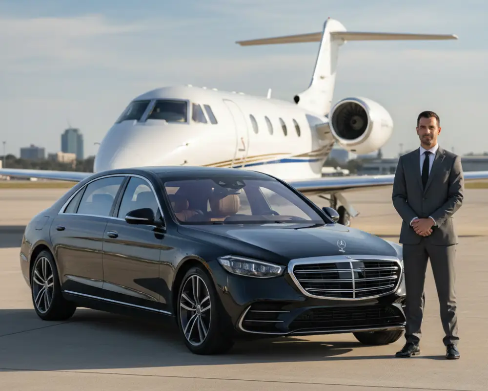 Luxury black Mercedes sedan with professional chauffeur by Noor Limousine LLC providing private jet airport limo service in New Jersey