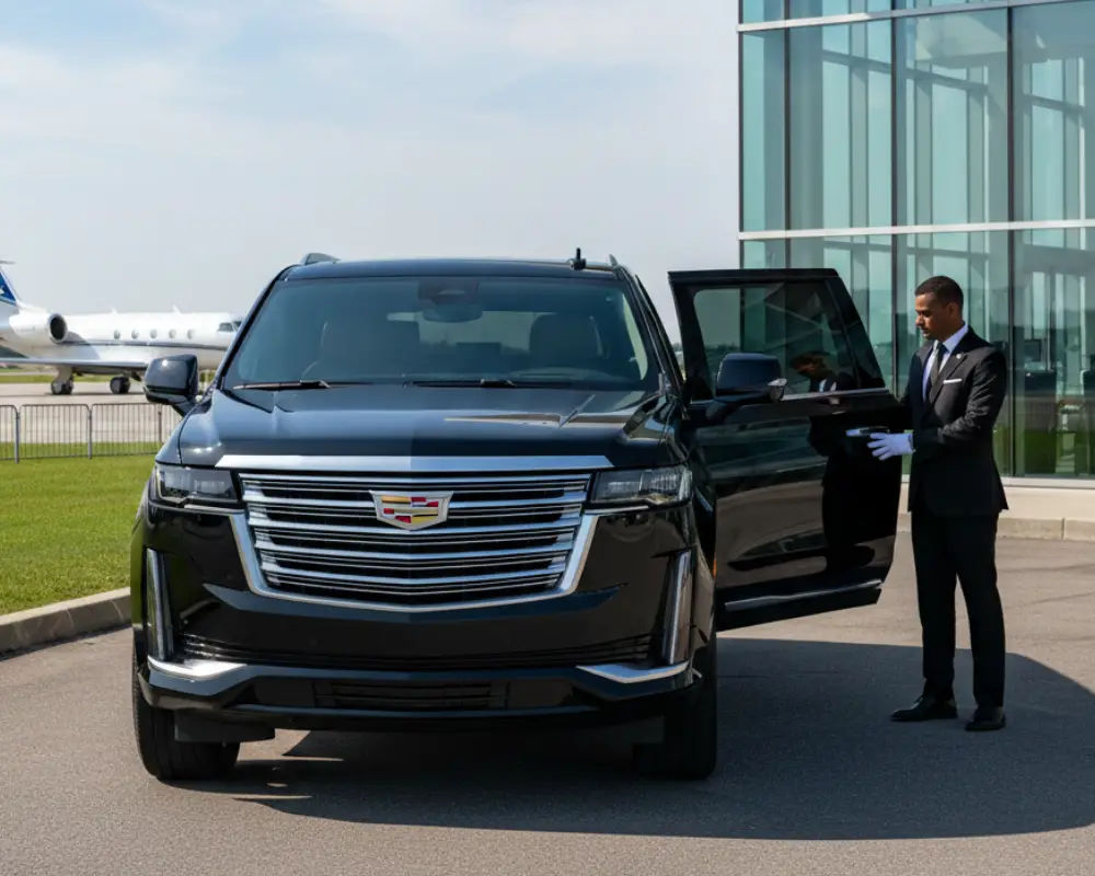 Professional chauffeur opening door of luxury Cadillac Escalade by Noor Limousine LLC at New Jersey airport