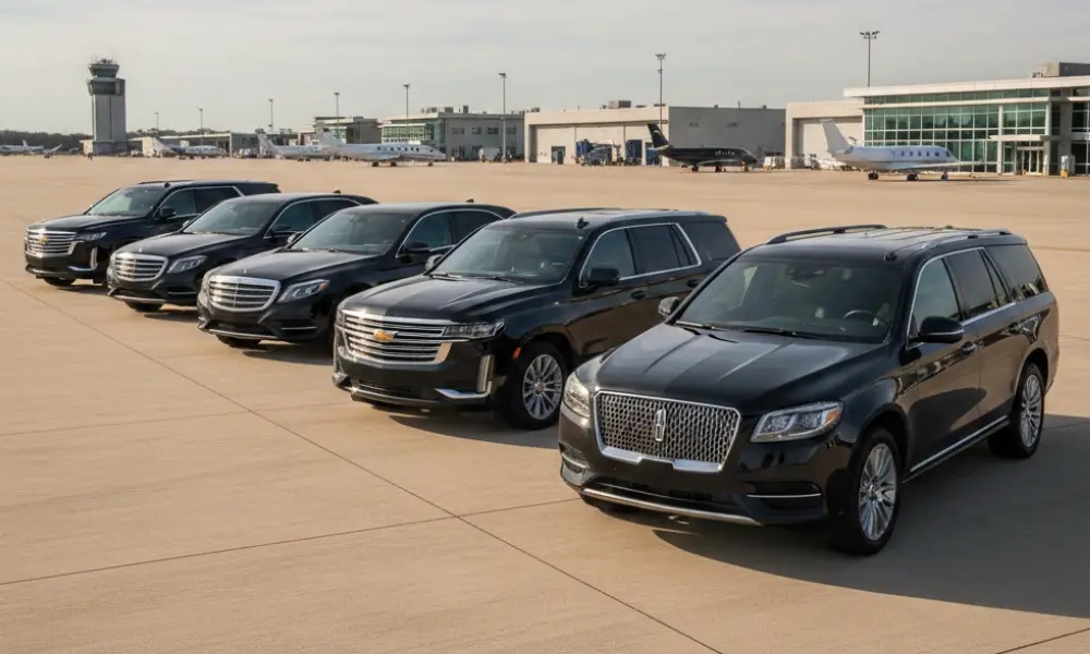 Luxury fleet of black sedans and SUVs by Noor Limousine LLC providing airport limo service in New Jersey