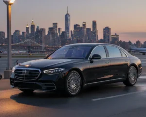 Luxury black sedan providing LaGuardia Airport limo and car service with New York City skyline