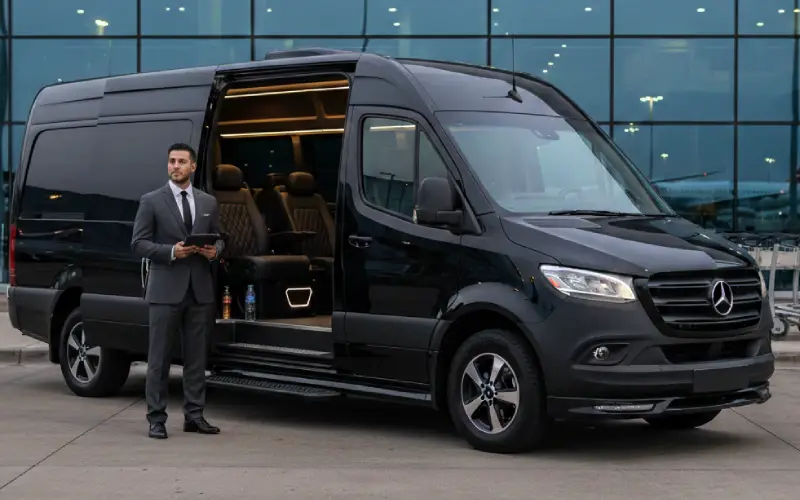 Professional chauffeur standing beside luxury Mercedes Sprinter van by Noor Limousine LLC at Westchester Airport, New Jersey