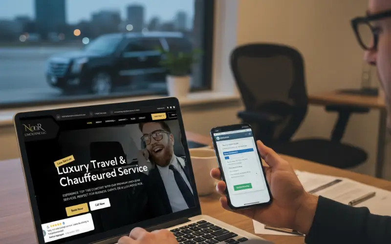Customer booking luxury limo service online through Noor Limousine LLC website using laptop and mobile phone