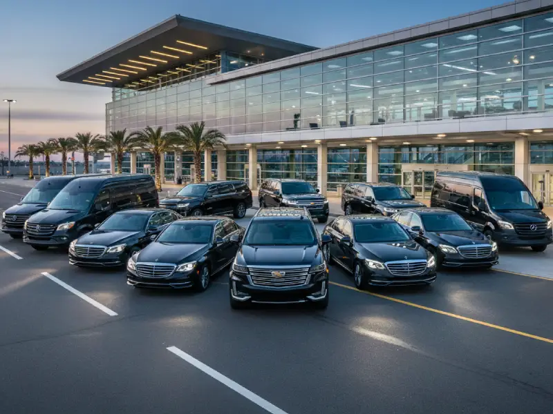 Fleet of luxury black cars and SUVs by Noor Limousine LLC providing airport limo service at Westchester Airport in New Jersey