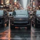 Affordable LaGuardia Limo Service for Stress-Free Travel 3 Three black luxury SUVs lined up on a busy city street during evening, representing LaGuardia airport limo service.
