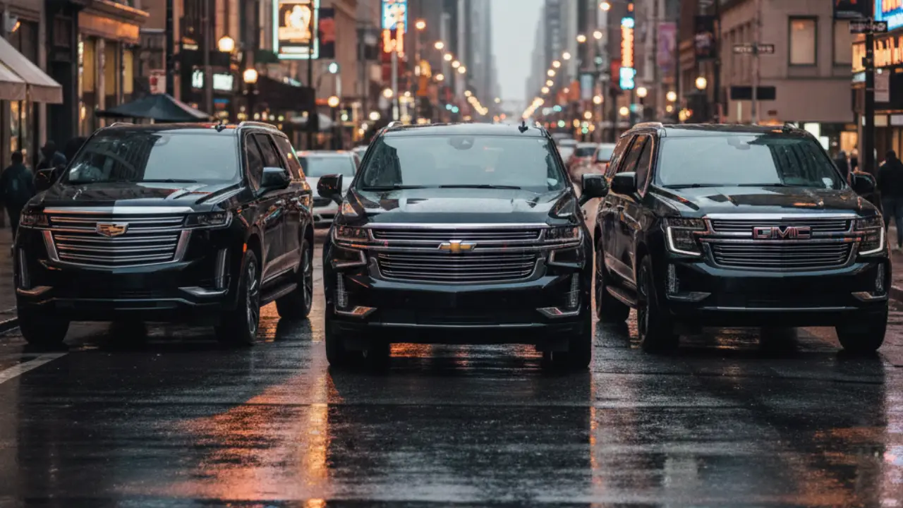 Three black luxury SUVs lined up on a busy city street during evening, representing LaGuardia airport limo service.