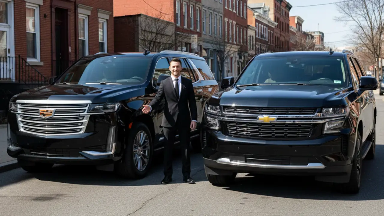 Professional chauffeur standing between two black luxury SUVs parked on a city street, representing Ocean County limo service.