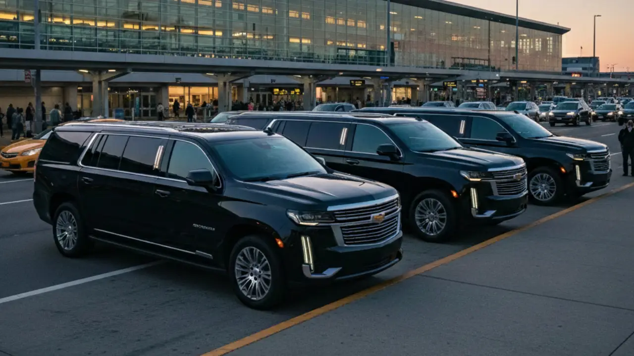 Black luxury SUVs parked outside LaGuardia Airport terminal during evening, showing reliable airport transfer service in NYC.