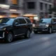 Black luxury SUVs driving on a busy city street outside Newark Airport terminal, showing professional airport limo service.