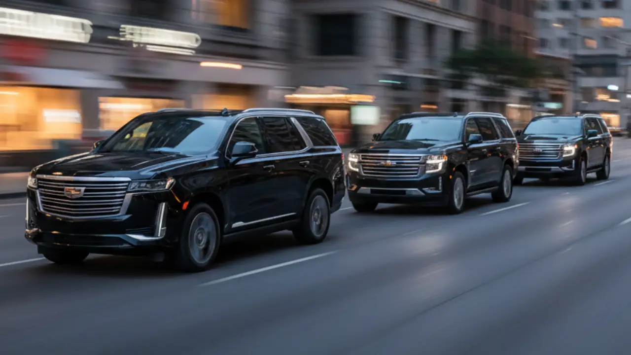 Black luxury SUVs driving on a busy city street outside Newark Airport terminal, showing professional airport limo service.