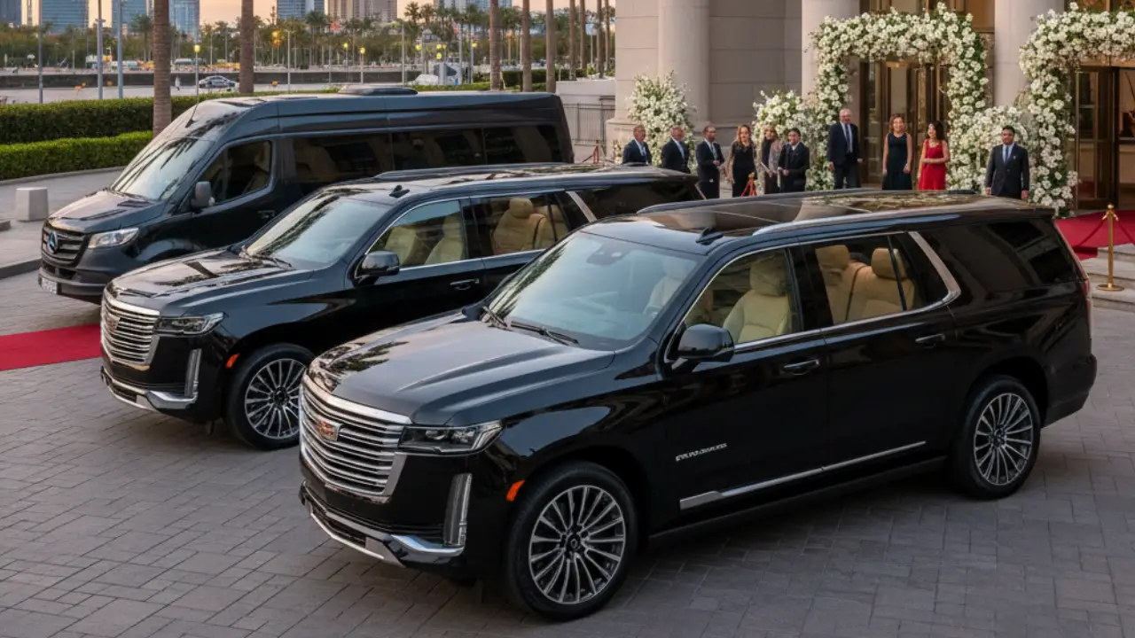 Black luxury SUVs and vans parked outside a decorated venue with students and parents, representing prom limo services.