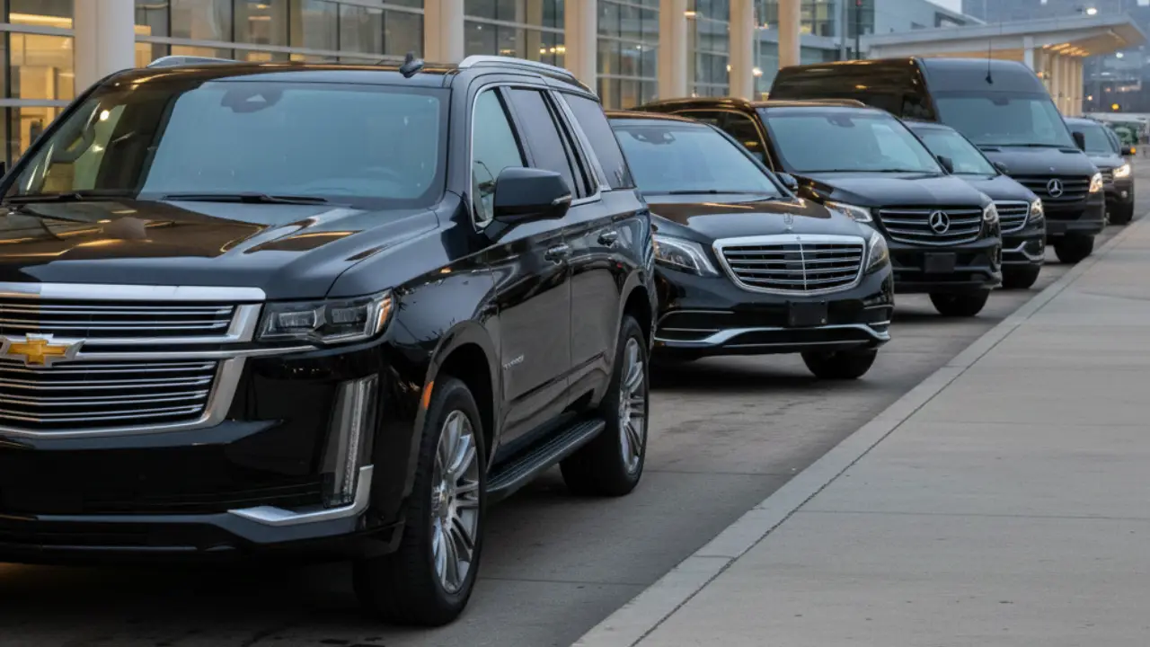Black luxury SUVs lined up outside an airport terminal, showing premium Newark Airport limo service for business and travel.